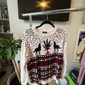 BDG White and Black Reindeer Crew Neck Sweater